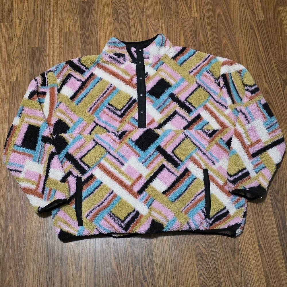 Hurley Women’s XXL Pink Spring Geo Plush Fleece Snap Pullover Long Sleeve C1